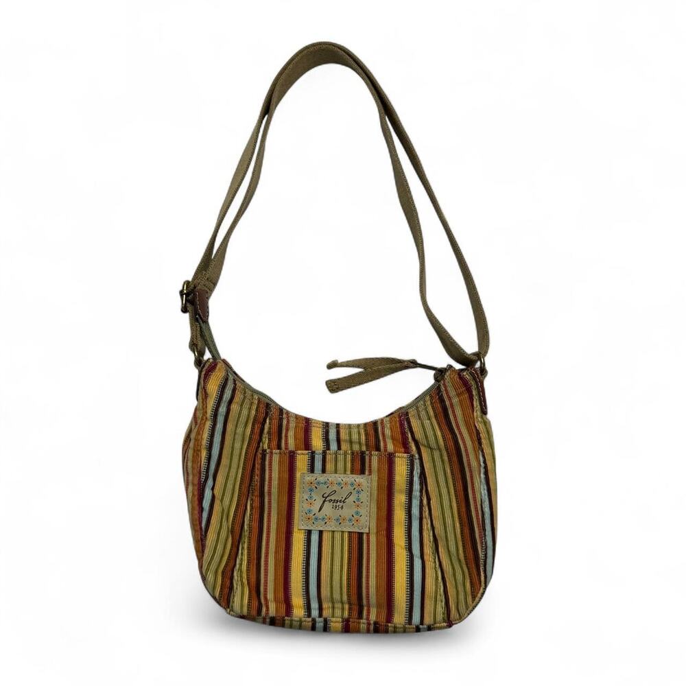 Fossil Y2K striped shoulder bag vertical stripes in orange yellow, brown vintage